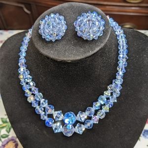 2 Strand Faceted Blue Crystal Graduated Bead Vintage Necklace and earrings